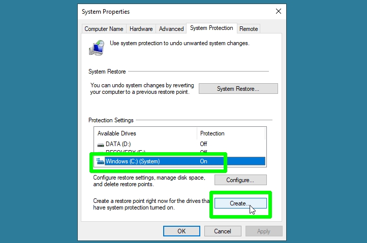 كيفية استخدام استعادة النظام في Windows 10 - إنشاء