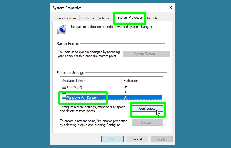 كيفية استخدام استعادة النظام في Windows 10 - تكوين