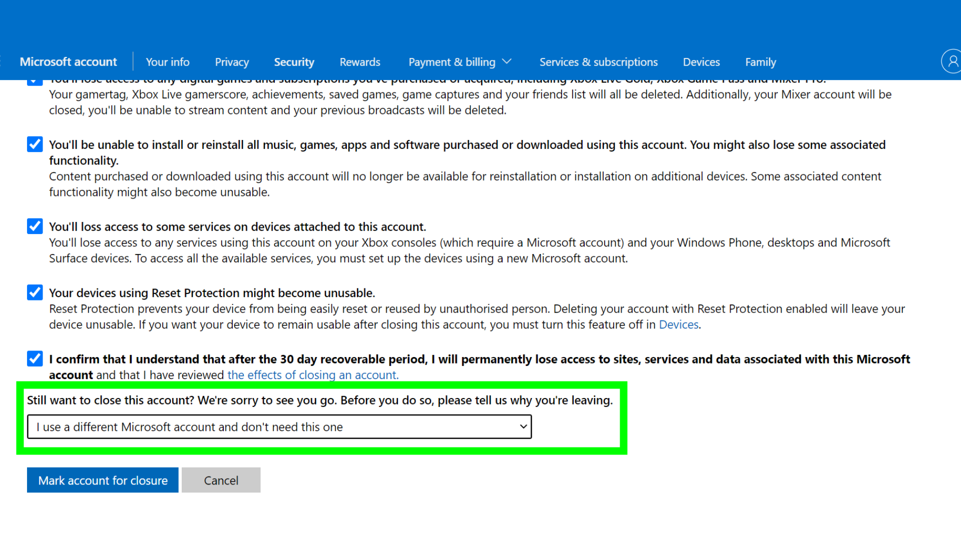 كيفية حذف حساب Microsoft - لقطة شاشة لصفحة حذف حساب Microsoft ، تطلب من المستخدم اختيار سبب رغبته في حذف حسابه