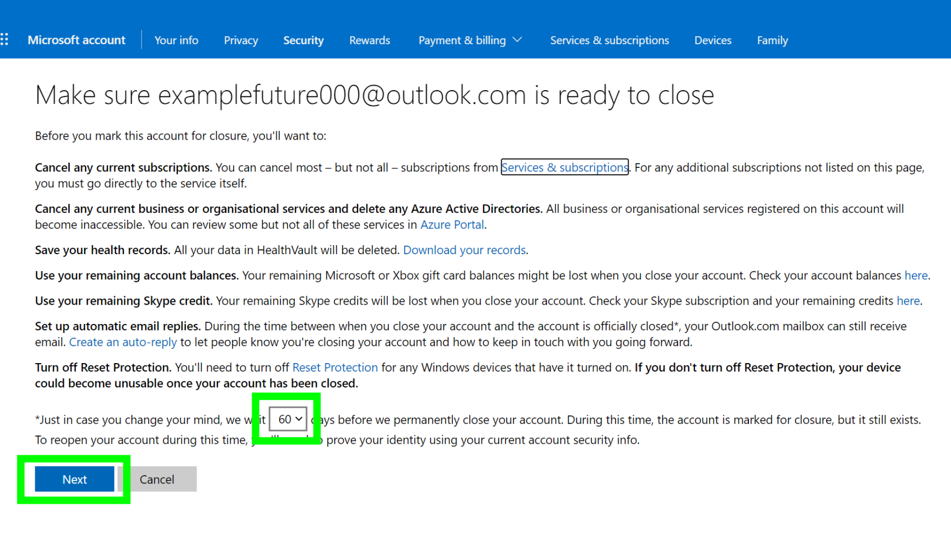 كيفية حذف حساب Microsoft - لقطة شاشة لصفحة حذف حساب Microsoft ، تعرض معلومات حذف الحساب وخيار اختيار وقت حذف الحساب