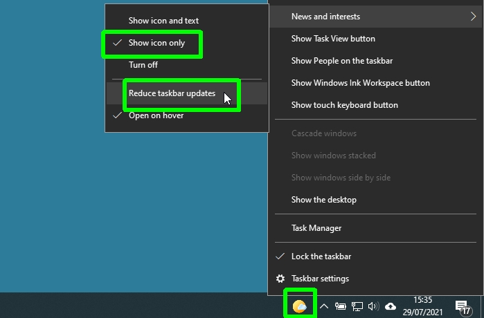 كيفية إزالة عنصر واجهة مستخدم الأخبار والطقس في نظام التشغيل Windows 10 - إظهار الرمز فقط