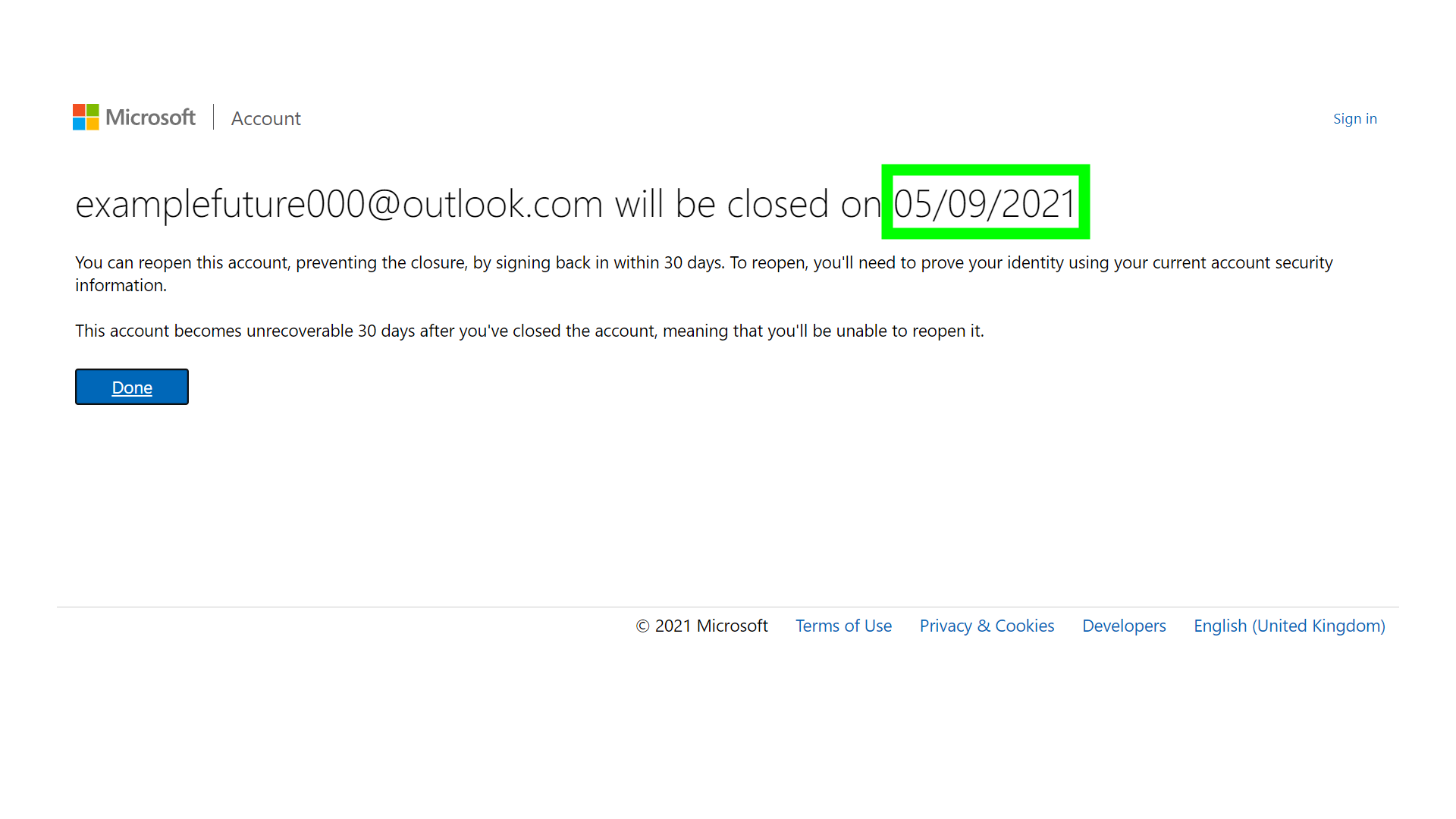 كيفية حذف حساب Microsoft - لقطة شاشة لصفحة حذف حساب Microsoft ، توضح متى سيتم حذف الحساب